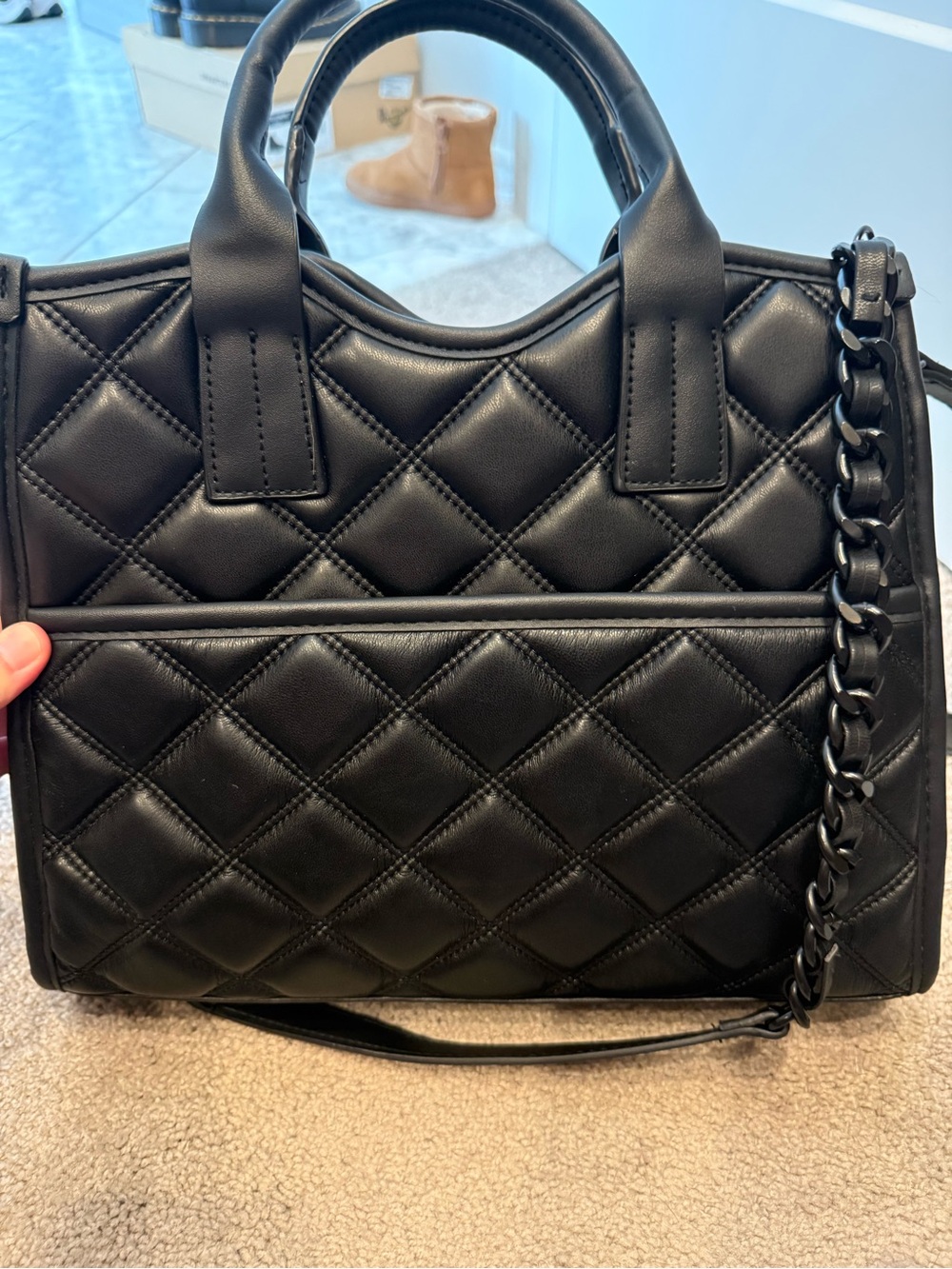 NWOT Steven Madden Quilted Black Leather Tote with Heart Charm - Picture 5 of 6
